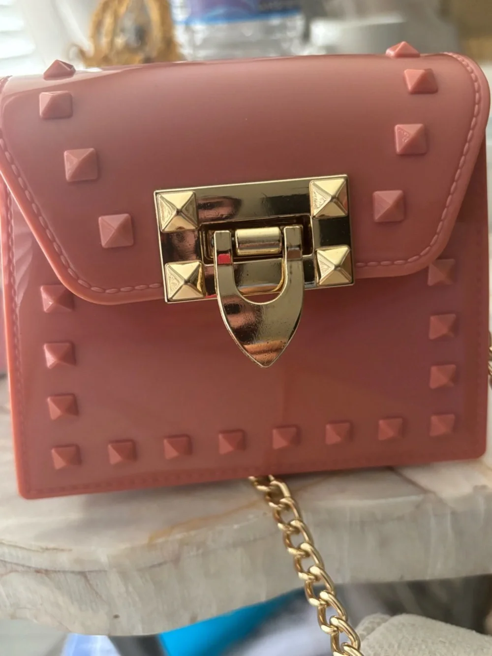 Coral Studded Mini Crossbody Bag Gold Chain Strap Small Purse Jelly